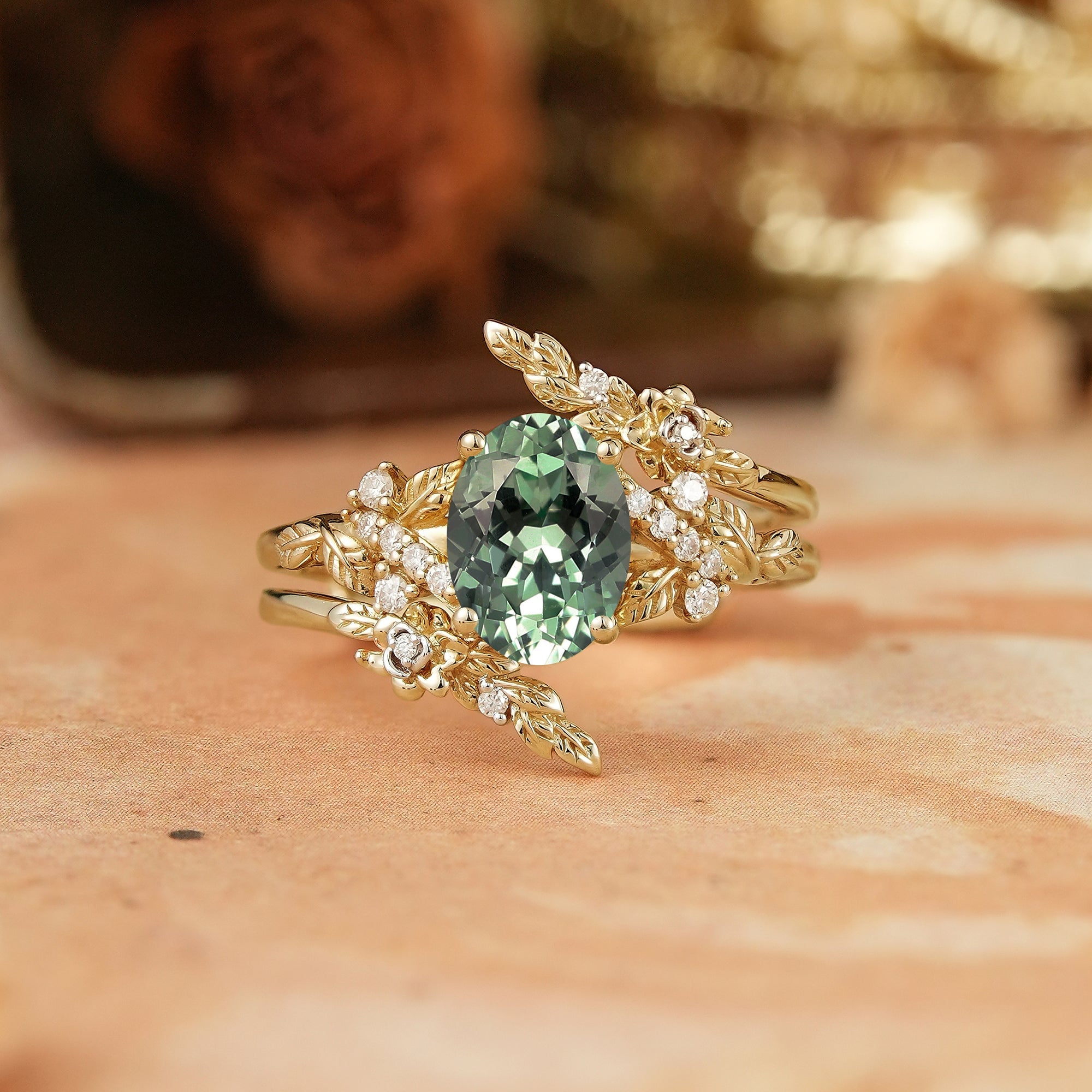 Oval Moissanite Nature Inspired Enhancer Ring Leaf And Flower Unique Bridal Set - Flora - GemsMagic