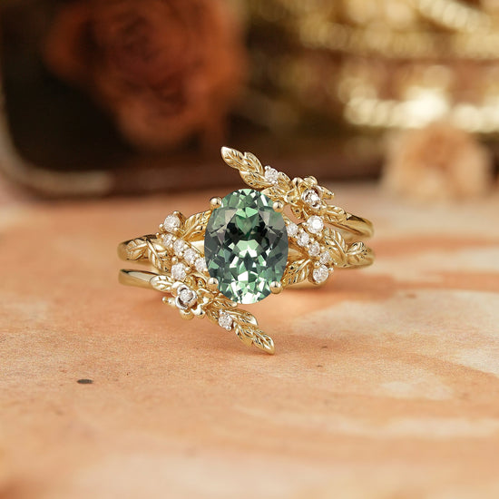 Oval Moissanite Nature Inspired Enhancer Ring Leaf And Flower Unique Bridal Set - Flora - GemsMagic