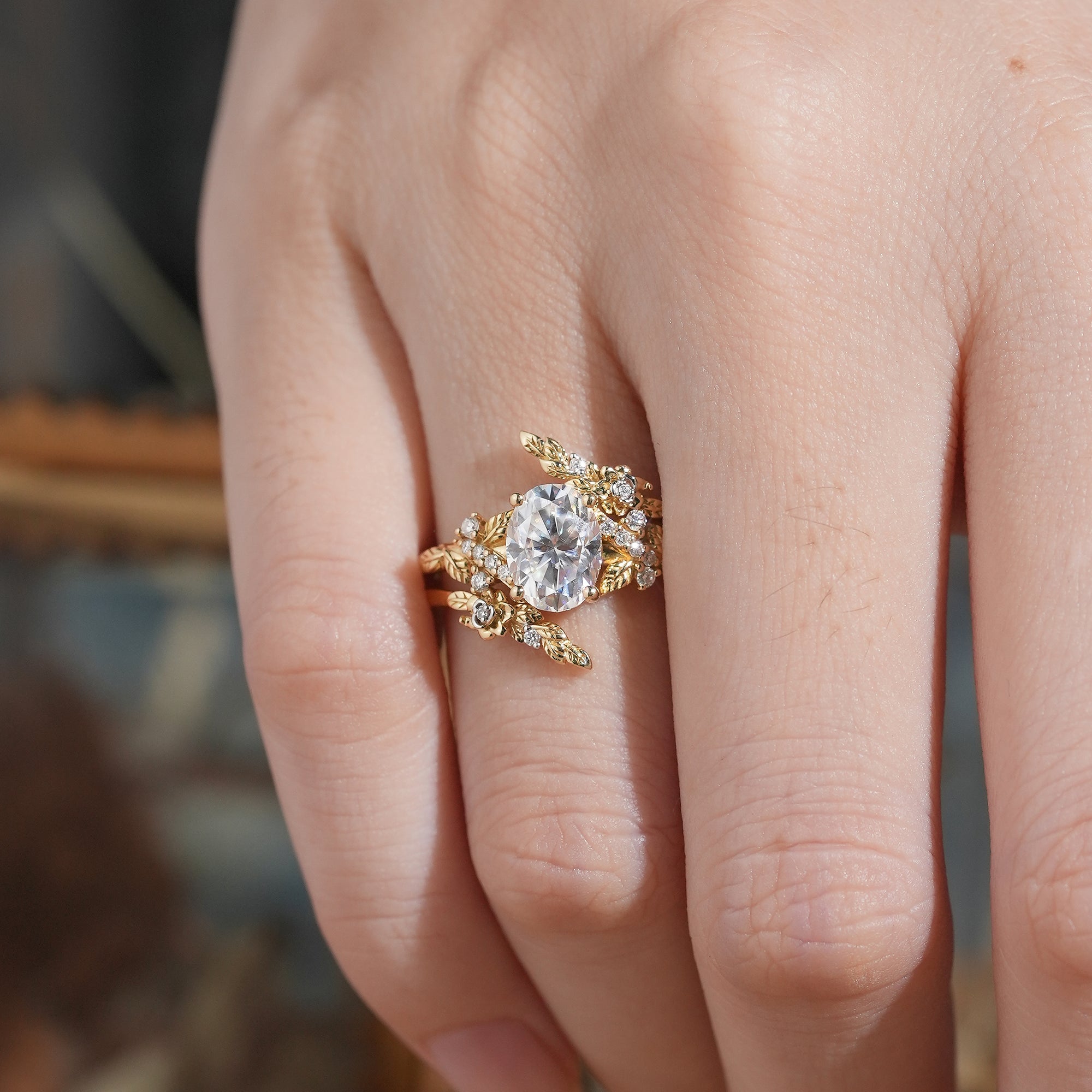 Oval Moissanite Nature Inspired Enhancer Ring Leaf And Flower Unique Bridal Set - Flora - GemsMagic