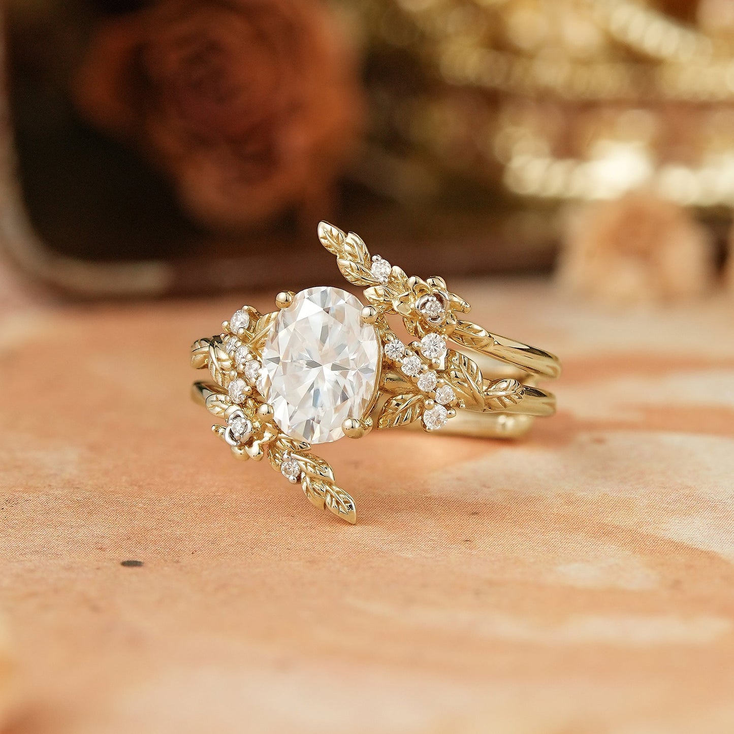 Oval Moissanite Nature Inspired Enhancer Ring Leaf And Flower Unique Bridal Set - Flora - GemsMagic