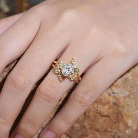 Oval Moissanite Nature Inspired Enhancer Ring Leaf And Flower Unique Bridal Set - Flora - GemsMagic
