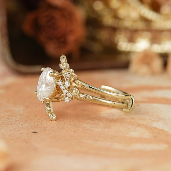 Oval Moissanite Nature Inspired Enhancer Ring Leaf And Flower Unique Bridal Set - Flora - GemsMagic