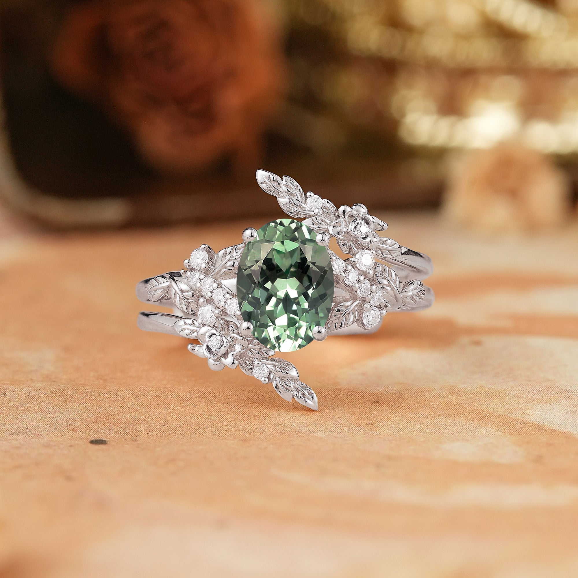 Oval Moissanite Nature Inspired Enhancer Ring Leaf And Flower Unique Bridal Set - Flora - GemsMagic