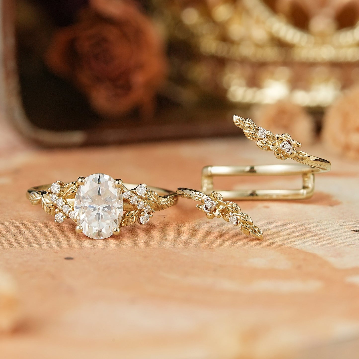 Oval Moissanite Nature Inspired Enhancer Ring Leaf And Flower Unique Bridal Set - Flora - GemsMagic