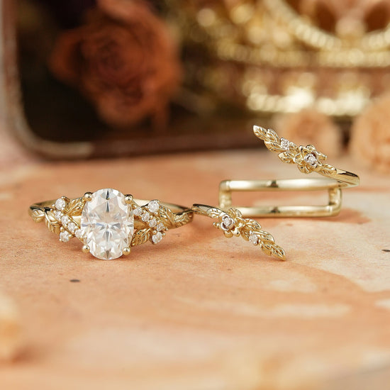 Oval Moissanite Nature Inspired Enhancer Ring Leaf And Flower Unique Bridal Set - Flora - GemsMagic