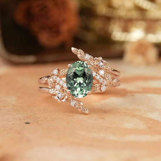 Oval Moissanite Nature Inspired Enhancer Ring Leaf And Flower Unique Bridal Set - Flora - GemsMagic