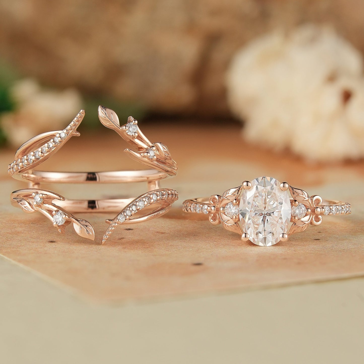 Oval Moissanite Rose Gold Enhancer Ring Set 2pcs - Sofia - GemsMagic