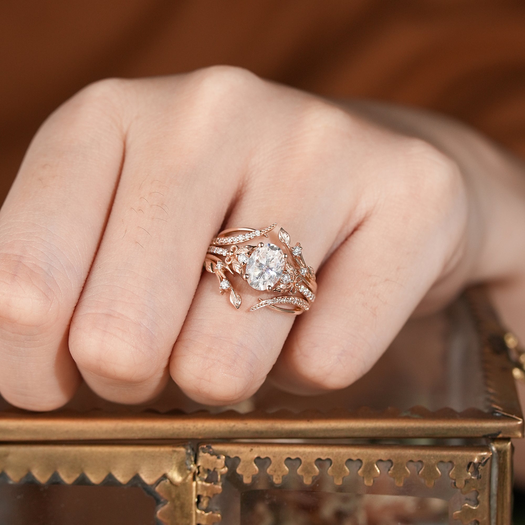 Oval Moissanite Rose Gold Enhancer Ring Set 2pcs - Sofia - GemsMagic