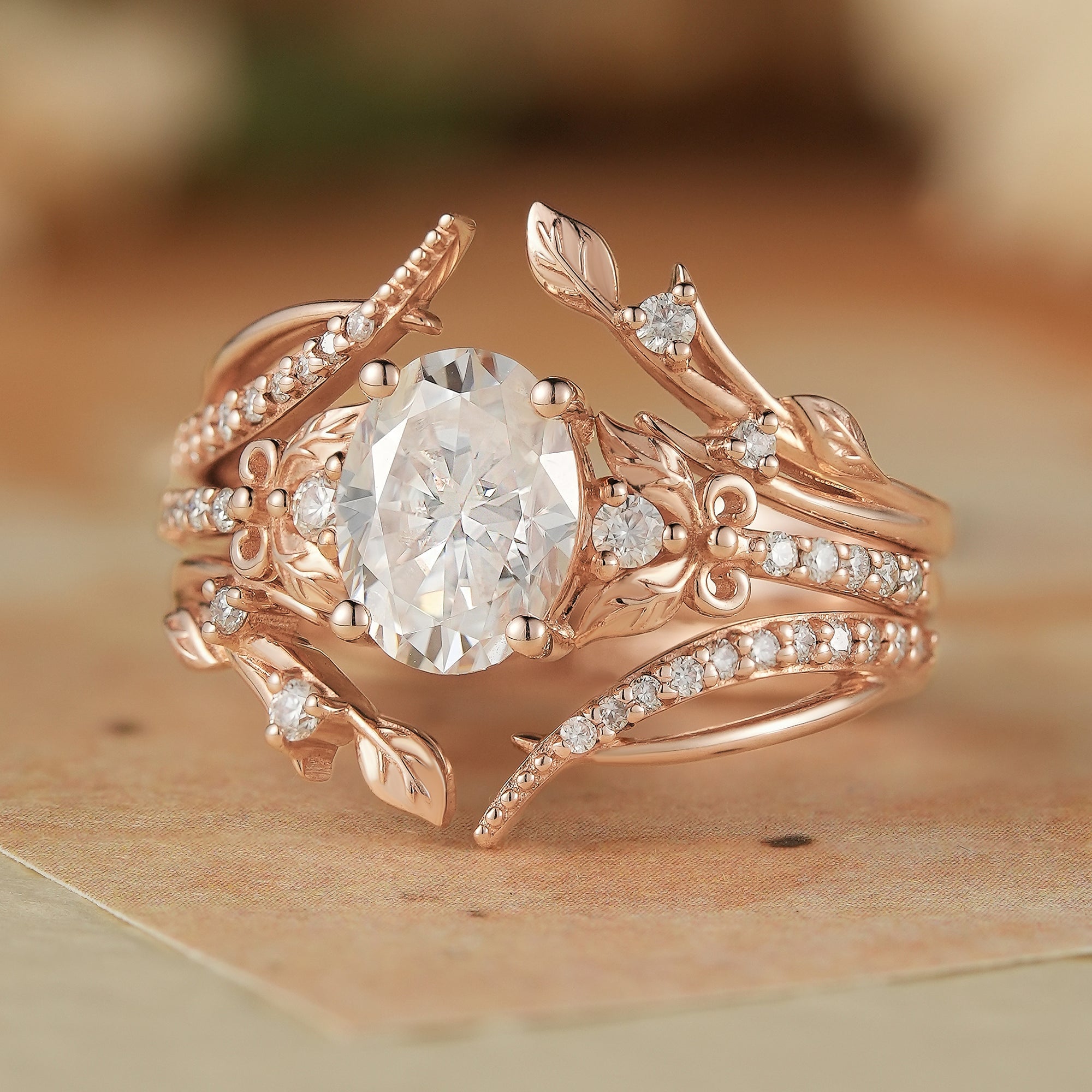 Oval Moissanite Rose Gold Enhancer Ring Set 2pcs - Sofia - GemsMagic