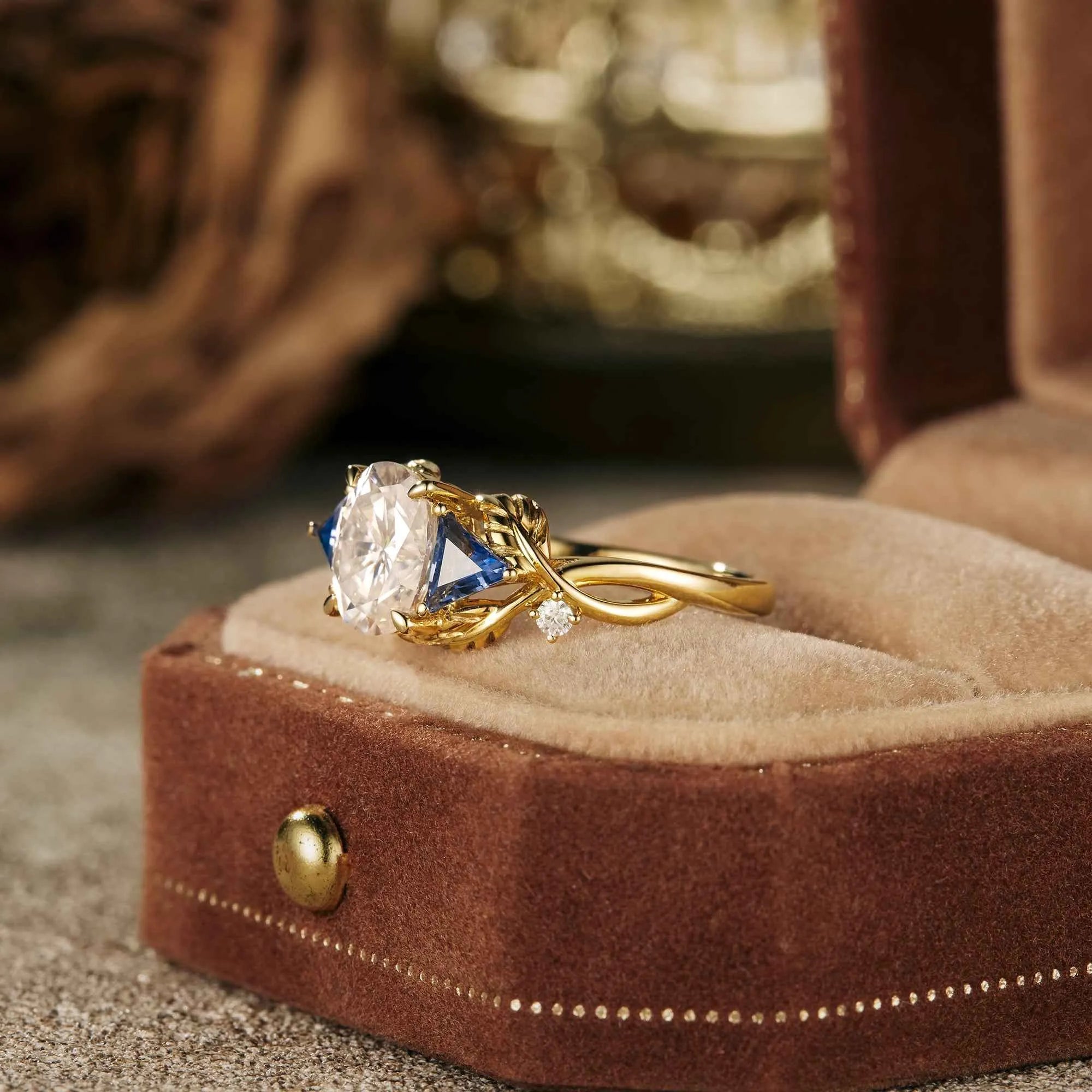 Oval Moissanite &Sapphire Cluster Engagement Ring - GemsMagic - GemsMagic