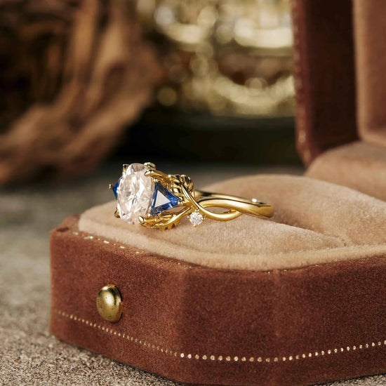 Oval Moissanite &Sapphire Cluster Engagement Ring - GemsMagic - GemsMagic