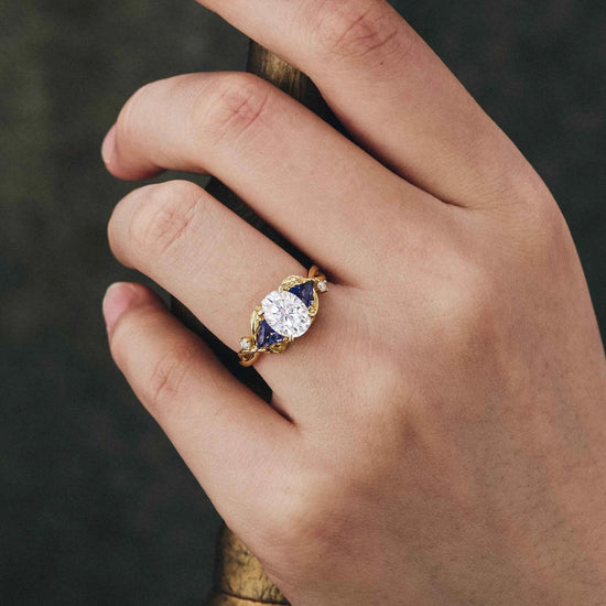 Oval Moissanite &Sapphire Cluster Engagement Ring - GemsMagic - GemsMagic