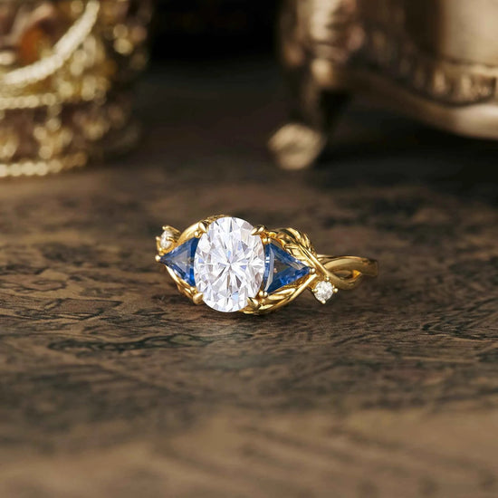 Oval Moissanite &Sapphire Cluster Engagement Ring - GemsMagic - GemsMagic