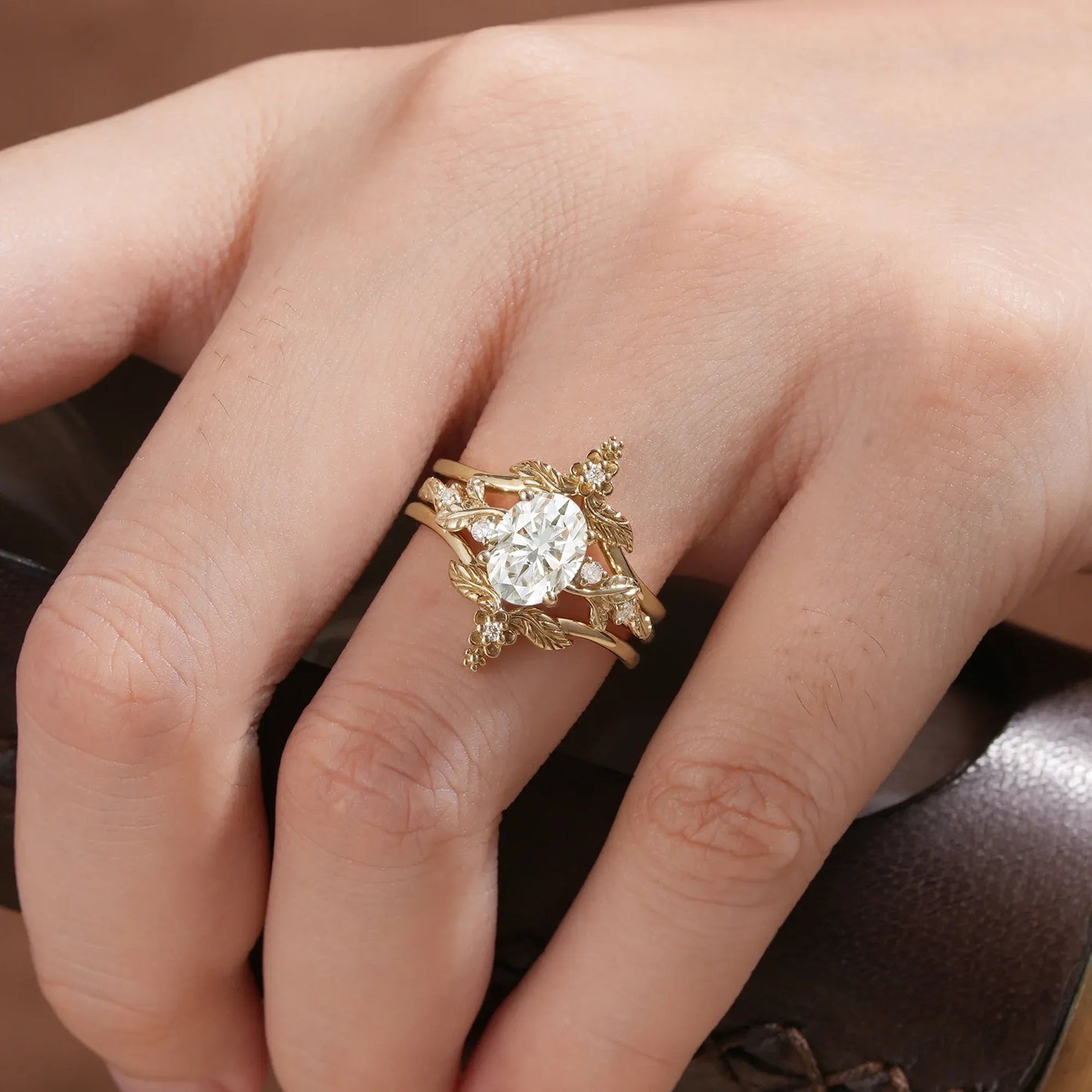 Oval Moissanite Yellow Gold Ring Set 2pcs - GemsMagic