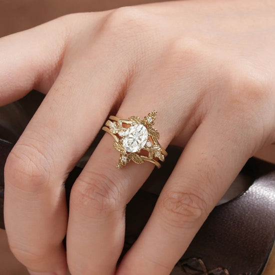 Oval Moissanite Yellow Gold Ring Set 2pcs - GemsMagic