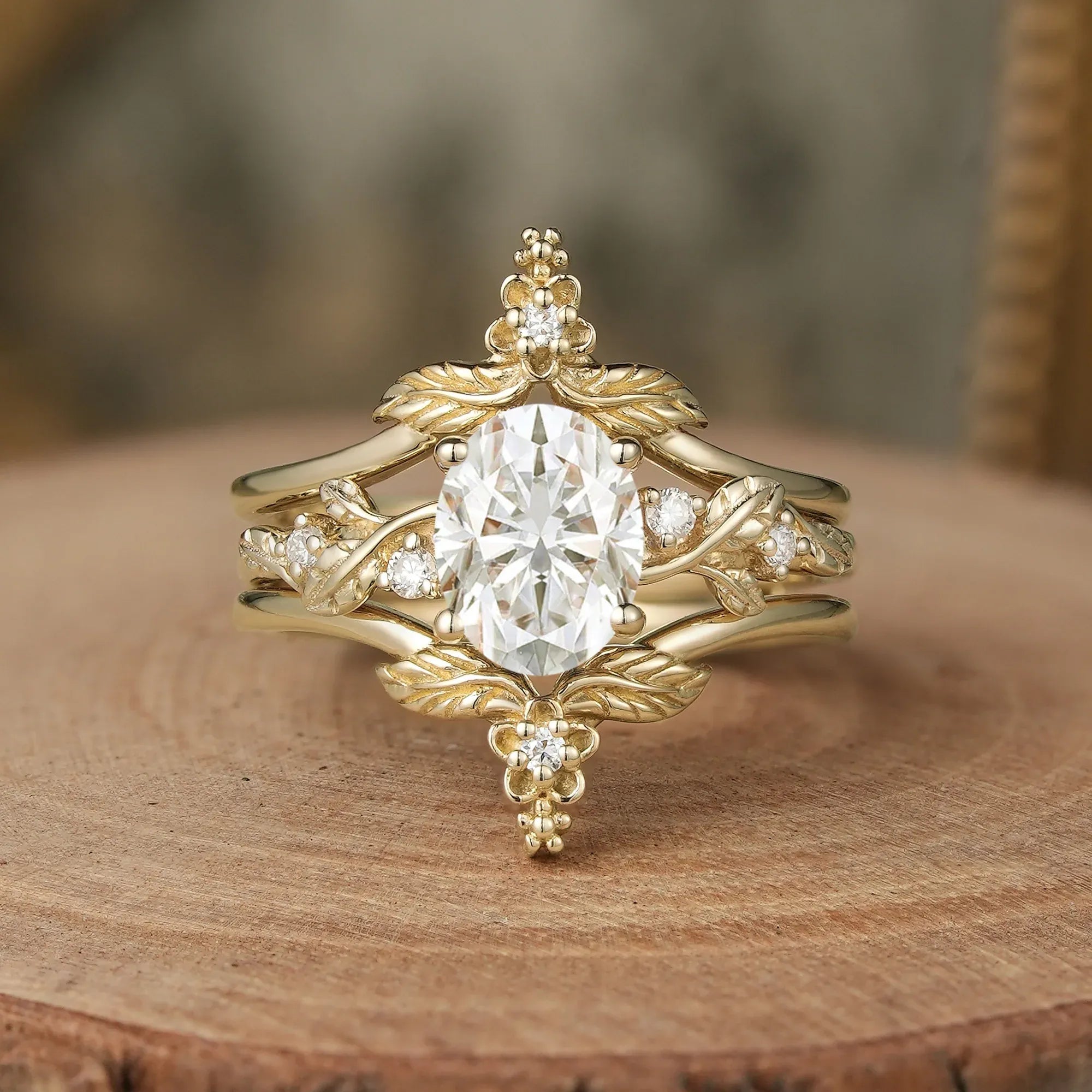 Oval Moissanite Yellow Gold Ring Set 2pcs - GemsMagic