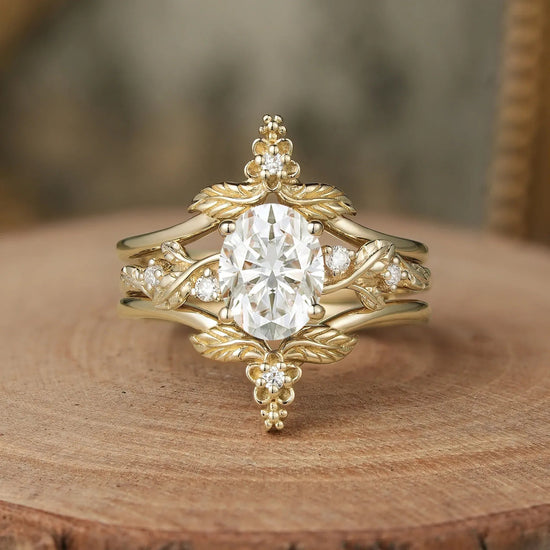 Oval Moissanite Yellow Gold Ring Set 2pcs - GemsMagic