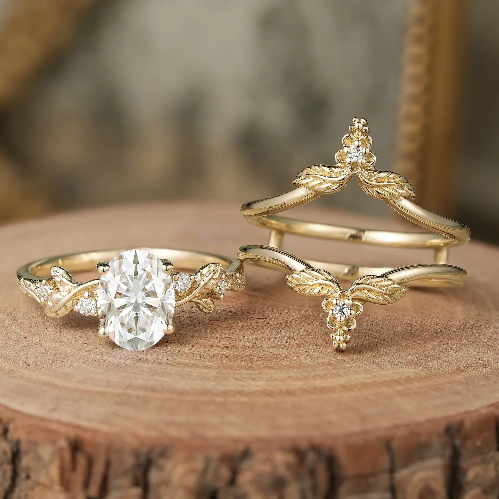 Oval Moissanite Yellow Gold Ring Set 2pcs - GemsMagic