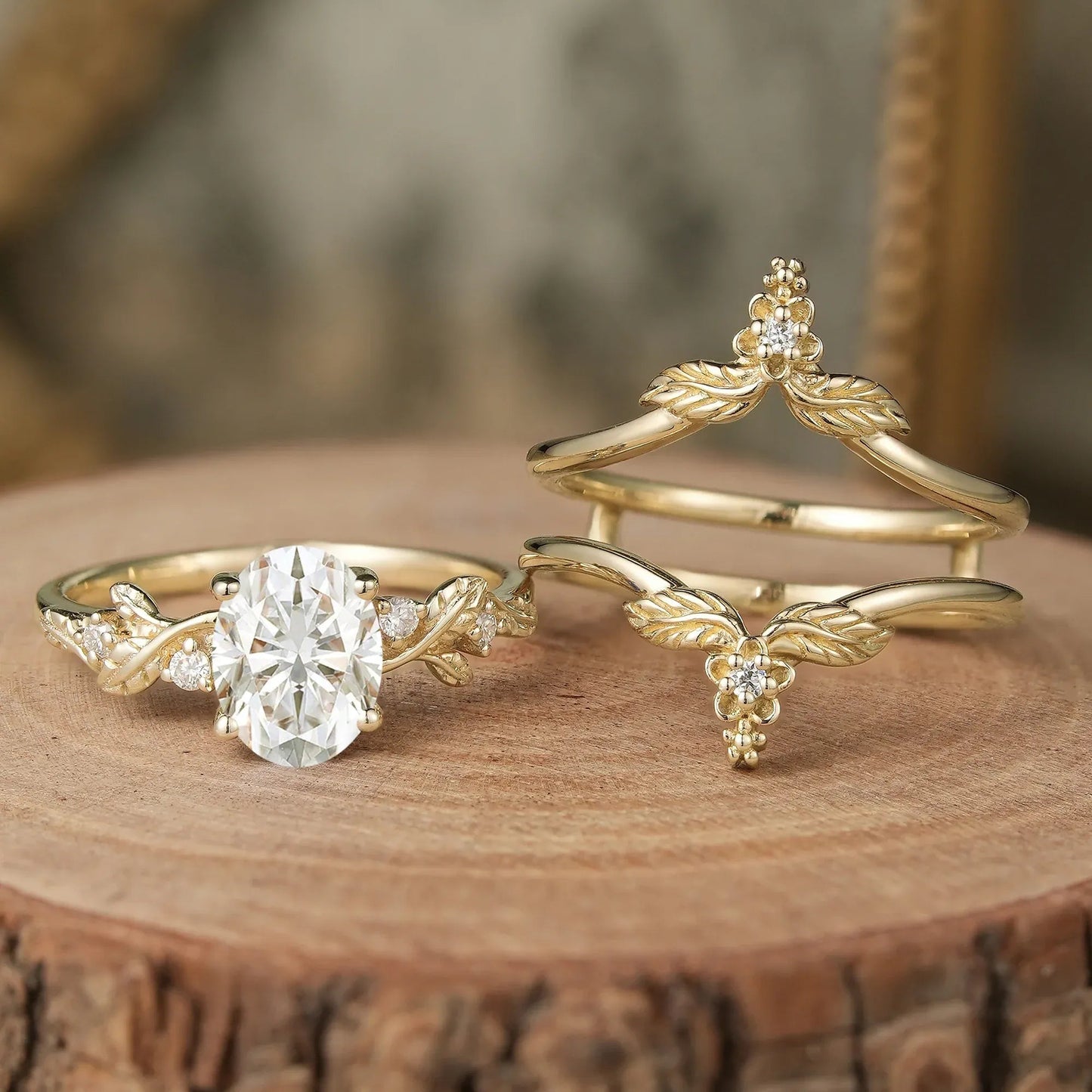 Oval Moissanite Yellow Gold Ring Set 2pcs - GemsMagic