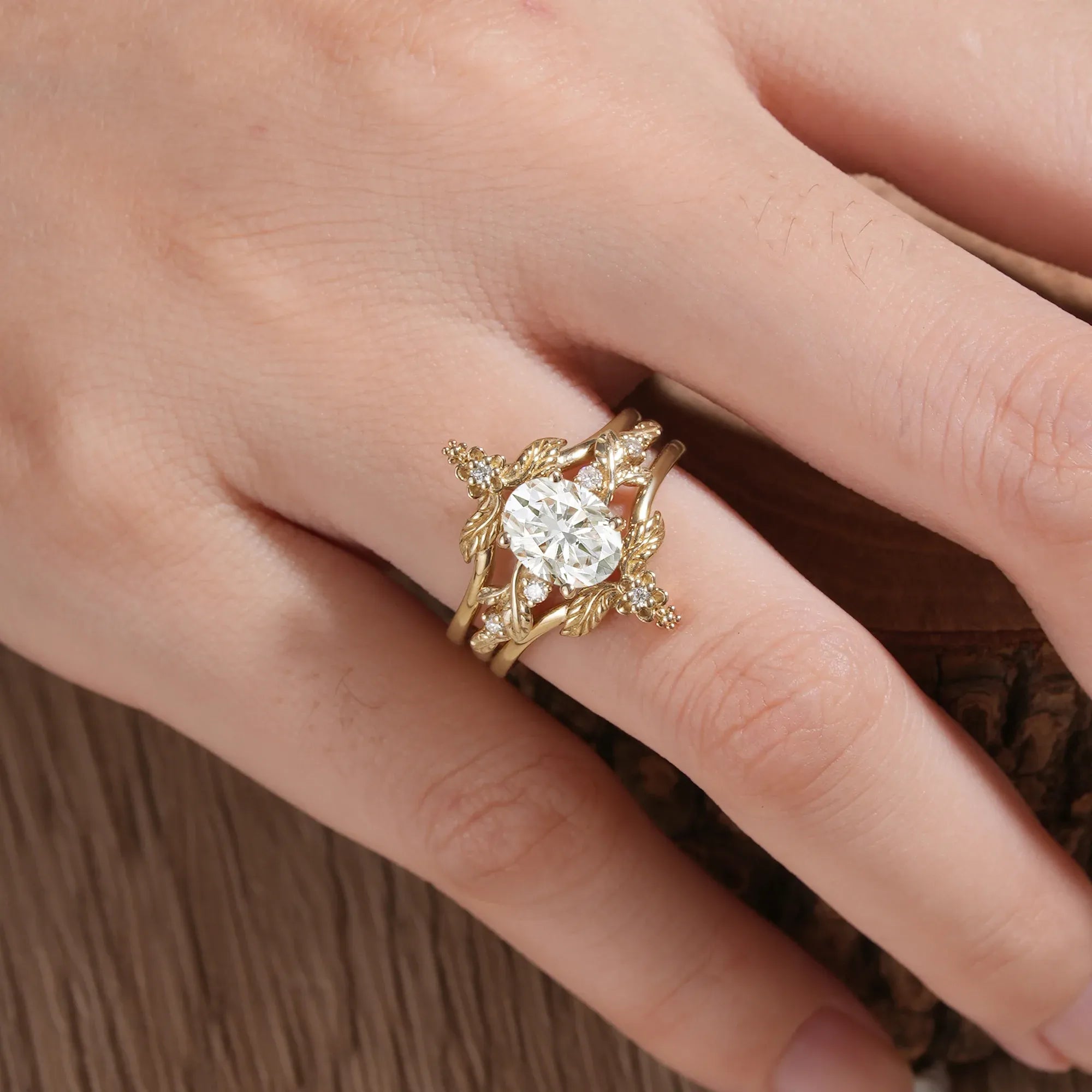 Oval Moissanite Yellow Gold Ring Set 2pcs - GemsMagic