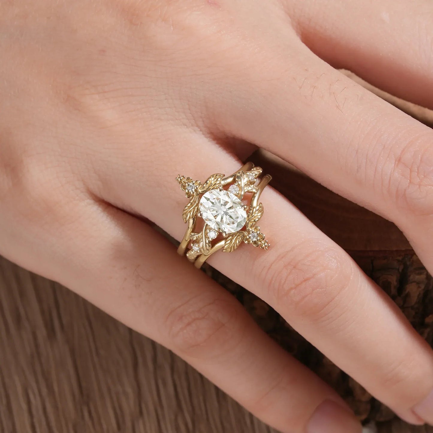 Oval Moissanite Yellow Gold Ring Set 2pcs - GemsMagic