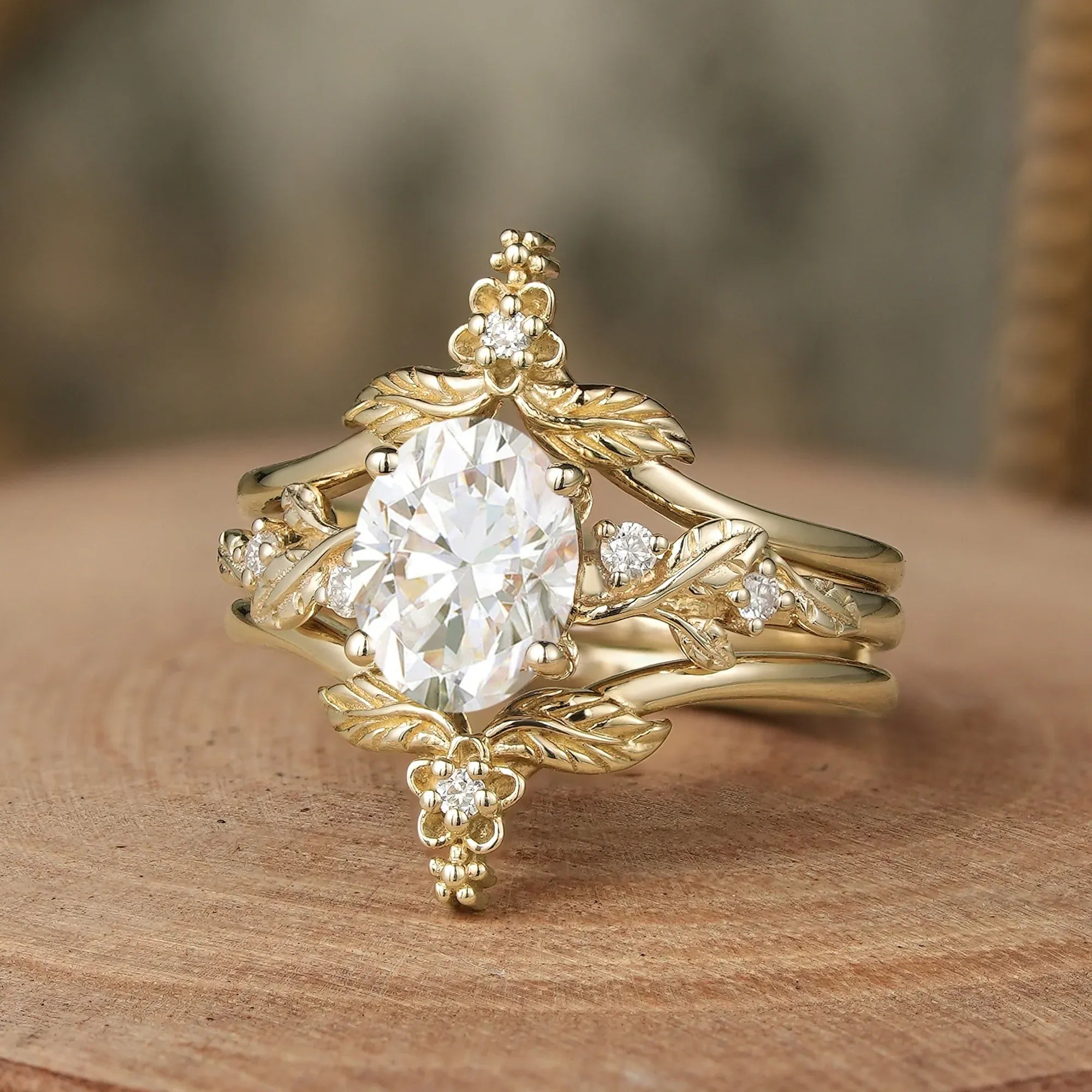 Oval Moissanite Yellow Gold Ring Set 2pcs - GemsMagic