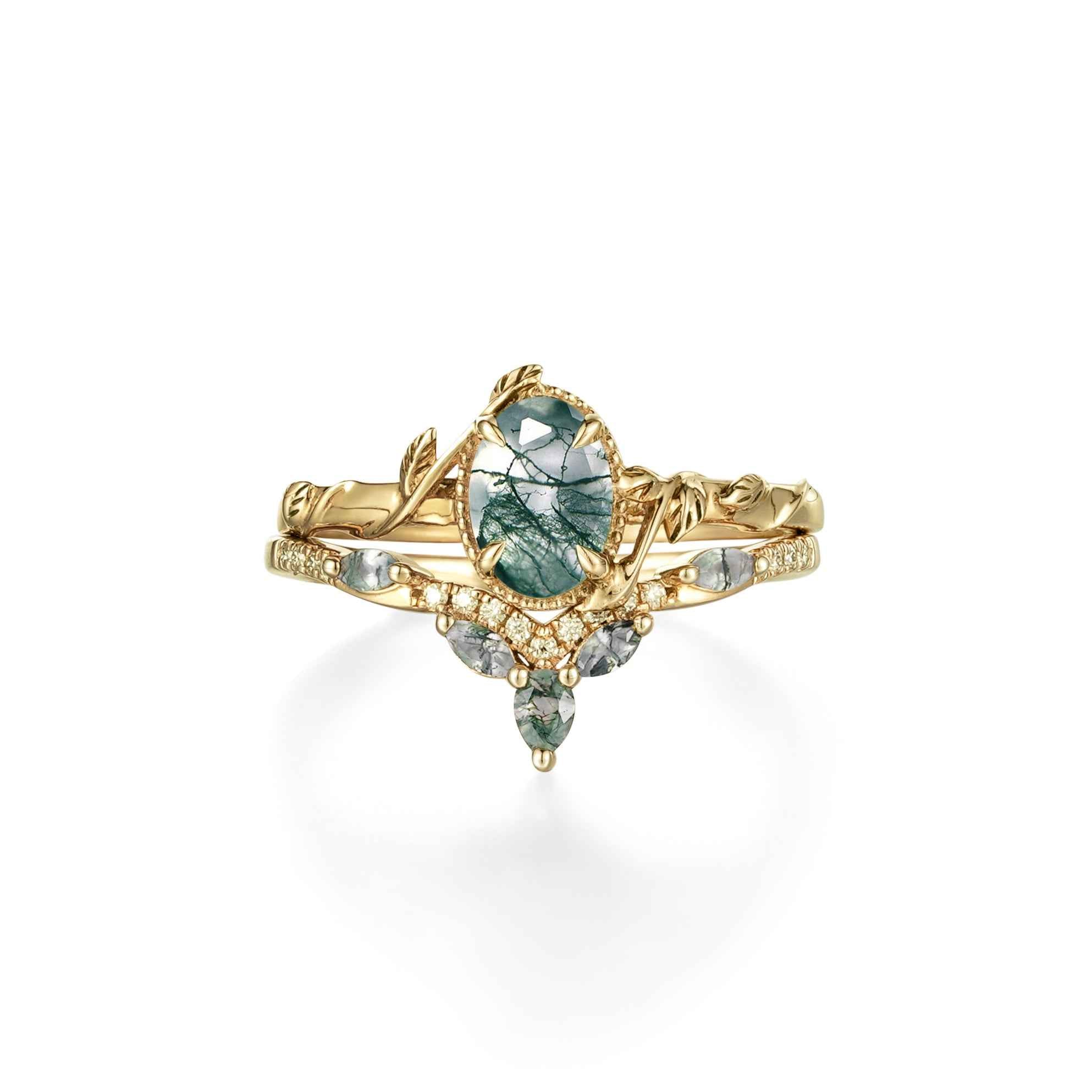 Oval Moss Agate Cluster Leaf Engagement Ring Set 2pcs - GemsMagic - GemsMagic