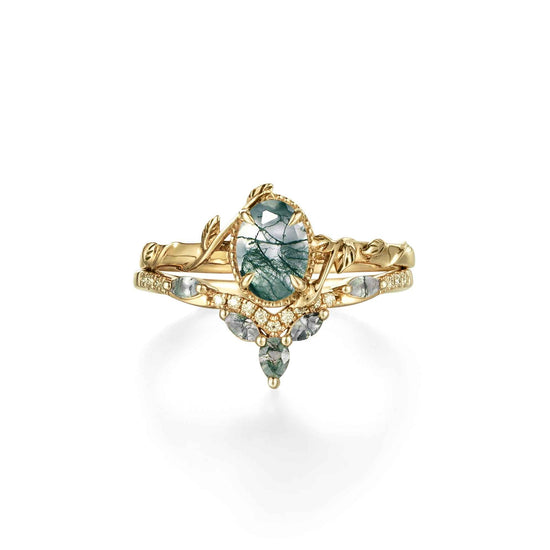 Oval Moss Agate Cluster Leaf Engagement Ring Set 2pcs - GemsMagic - GemsMagic