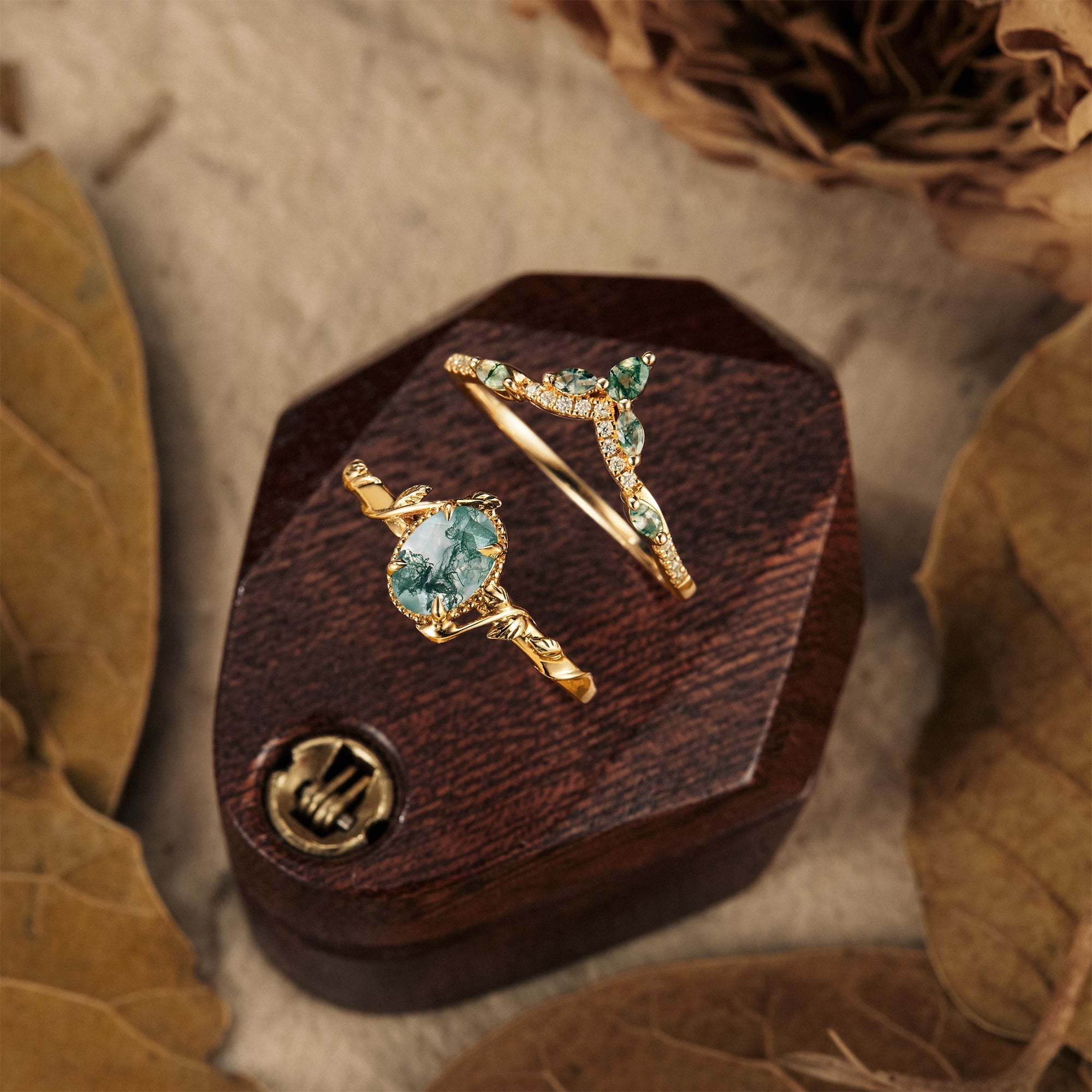 Oval Moss Agate Cluster Leaf Engagement Ring Set 2pcs - GemsMagic - GemsMagic