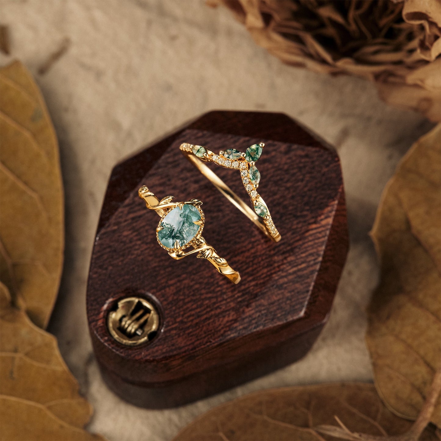 Oval Moss Agate Cluster Leaf Engagement Ring Set 2pcs - GemsMagic - GemsMagic