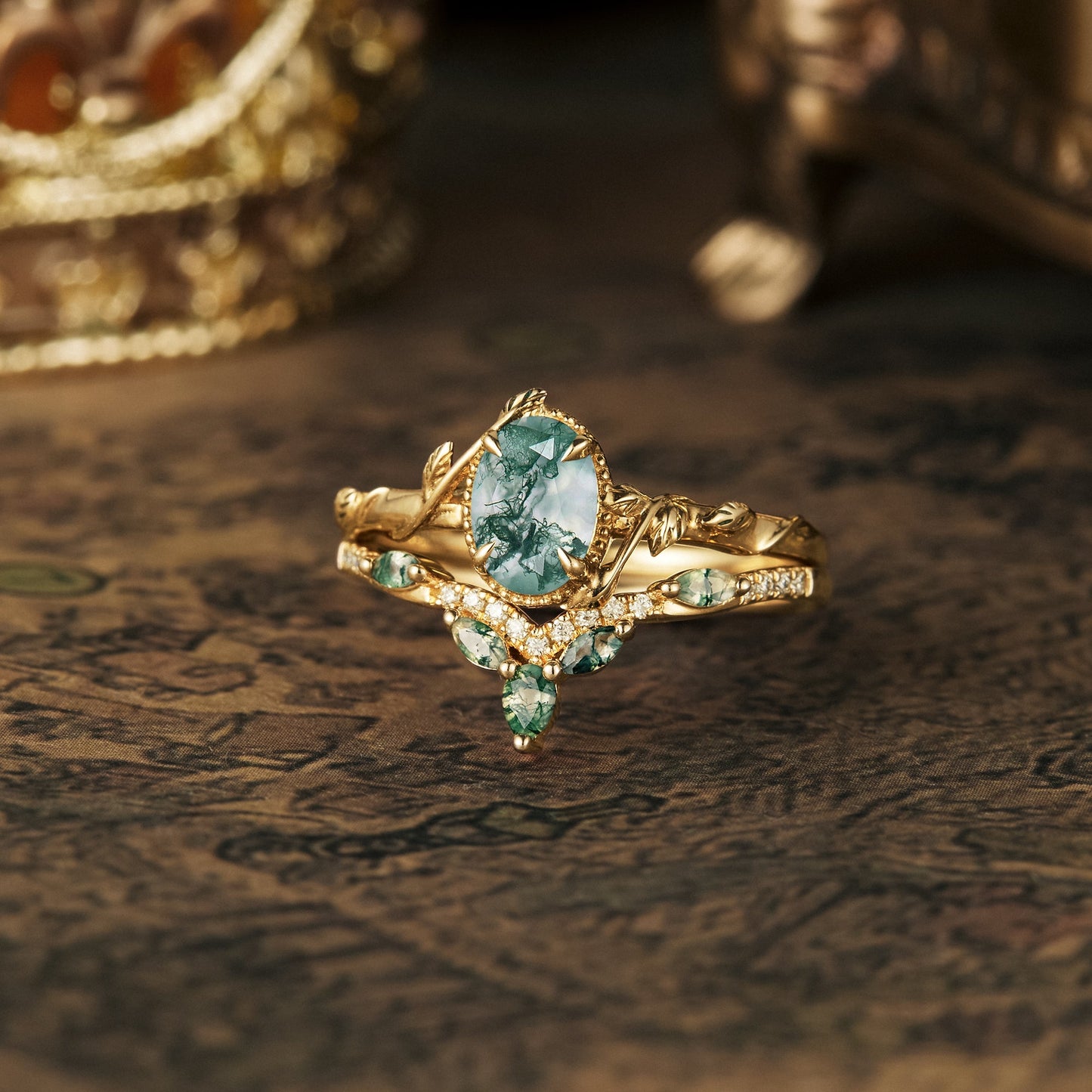 Oval Moss Agate Cluster Leaf Engagement Ring Set 2pcs - GemsMagic - GemsMagic