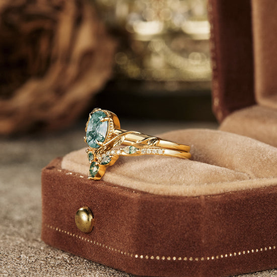 Oval Moss Agate Cluster Leaf Engagement Ring Set 2pcs - GemsMagic - GemsMagic