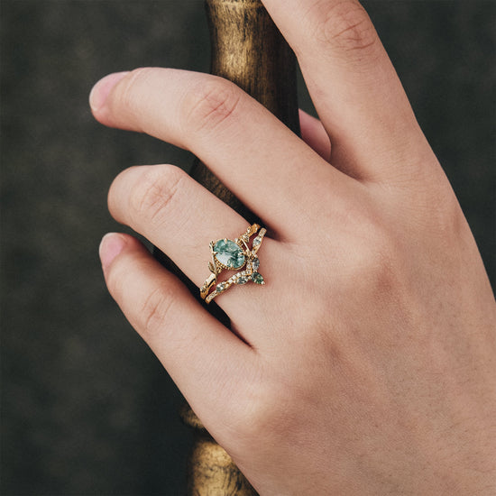 Oval Moss Agate Cluster Leaf Engagement Ring Set 2pcs - GemsMagic - GemsMagic