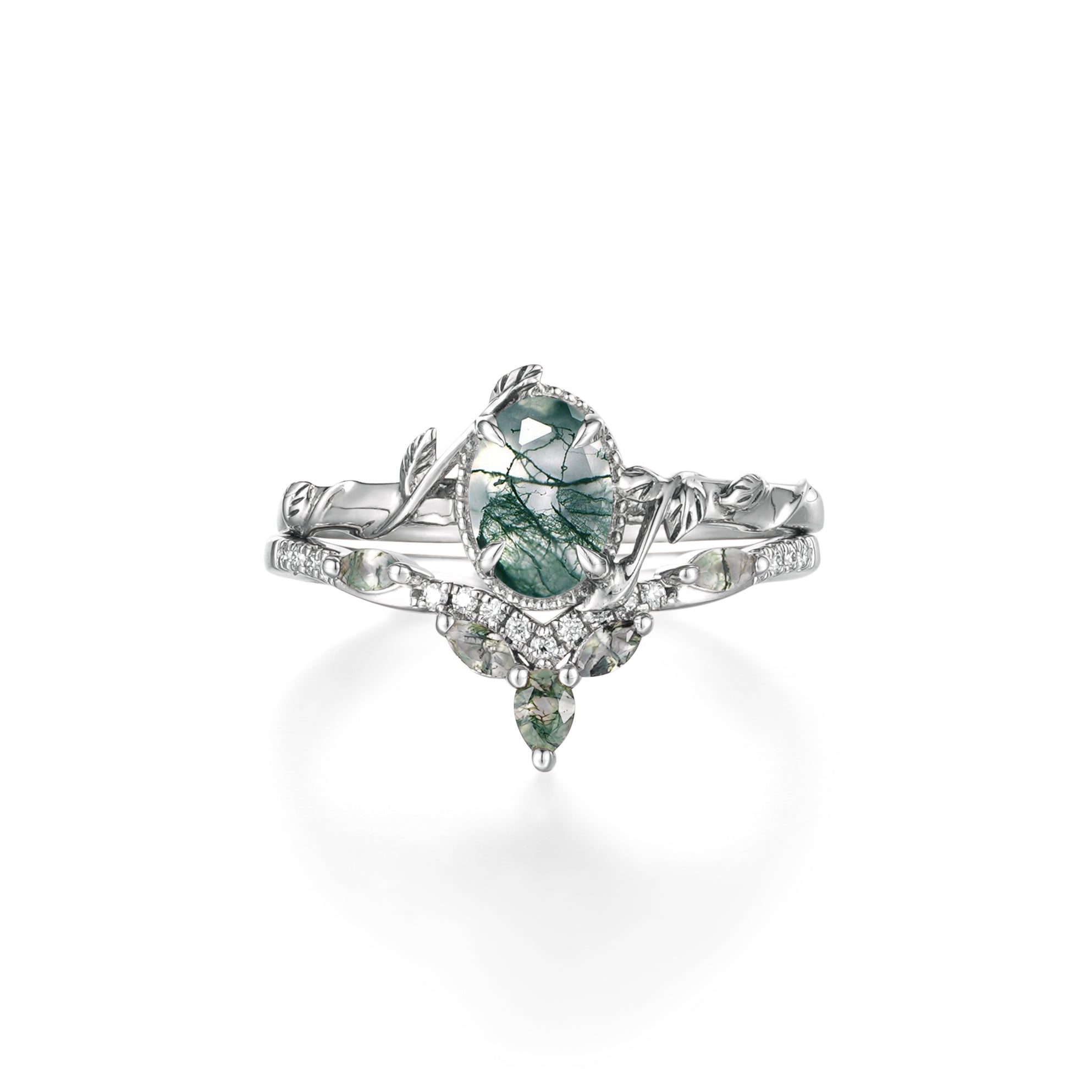 Oval Moss Agate Cluster Leaf Engagement Ring Set 2pcs - GemsMagic - GemsMagic