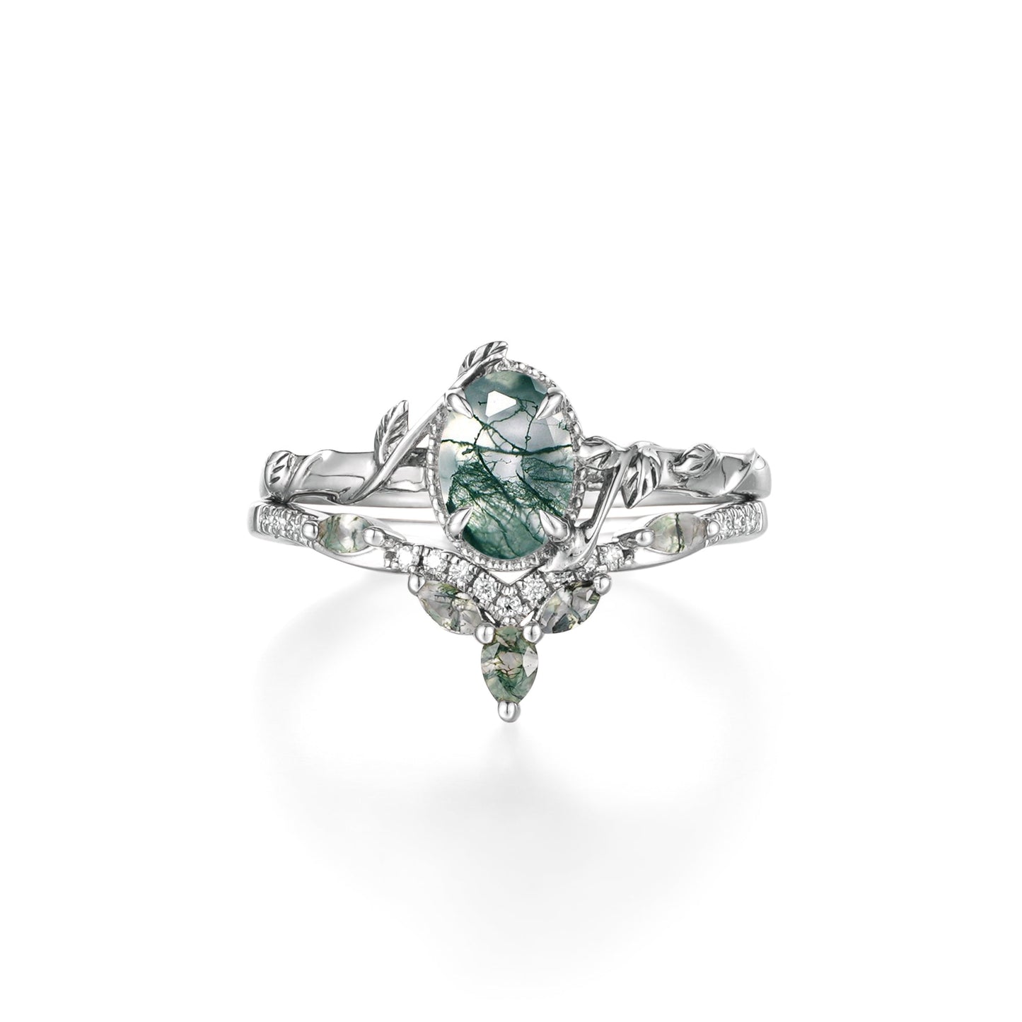 Oval Moss Agate Cluster Leaf Engagement Ring Set 2pcs - GemsMagic - GemsMagic