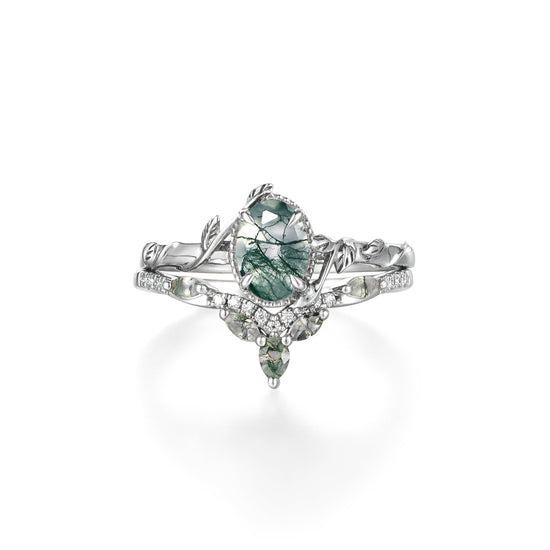 Oval Moss Agate Cluster Leaf Engagement Ring Set 2pcs - GemsMagic - GemsMagic