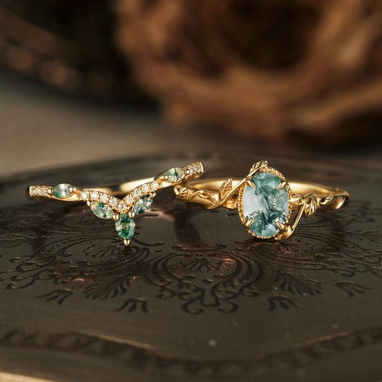 Oval Moss Agate Cluster Leaf Engagement Ring Set 2pcs - GemsMagic - GemsMagic