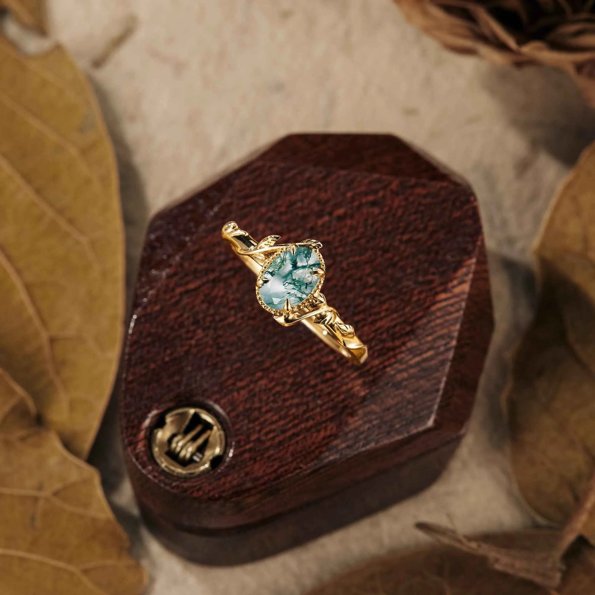Oval Moss Agate Natural Inspired Leaf Engagement Ring - GemsMagic - GemsMagic