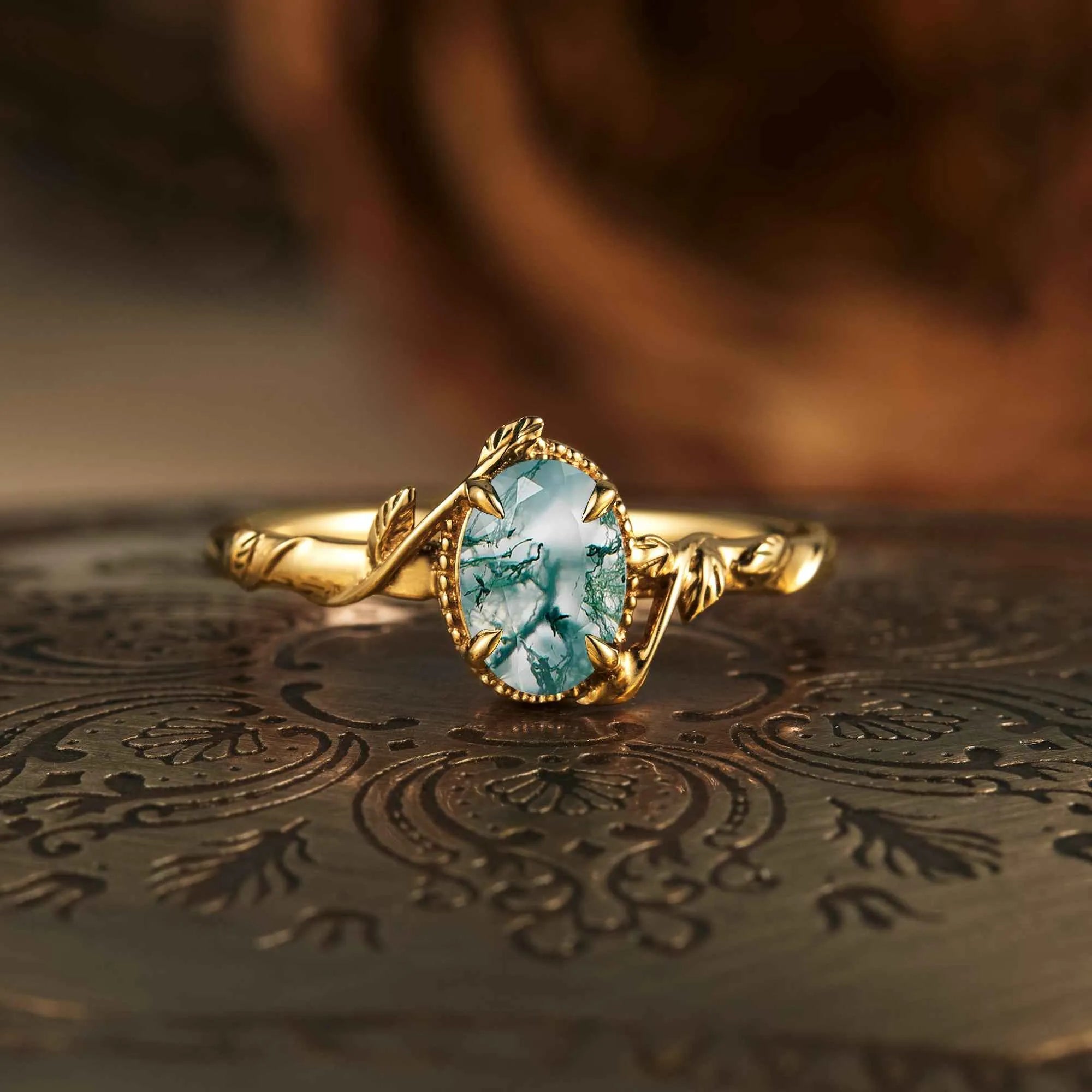 Oval Moss Agate Natural Inspired Leaf Engagement Ring