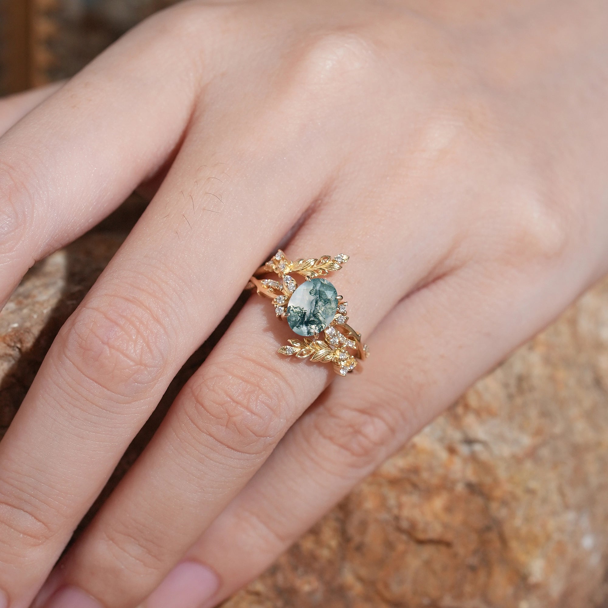 Oval Moss Agate Nature Inspired Enhancer Ring Bridal Set - Arwen - GemsMagic