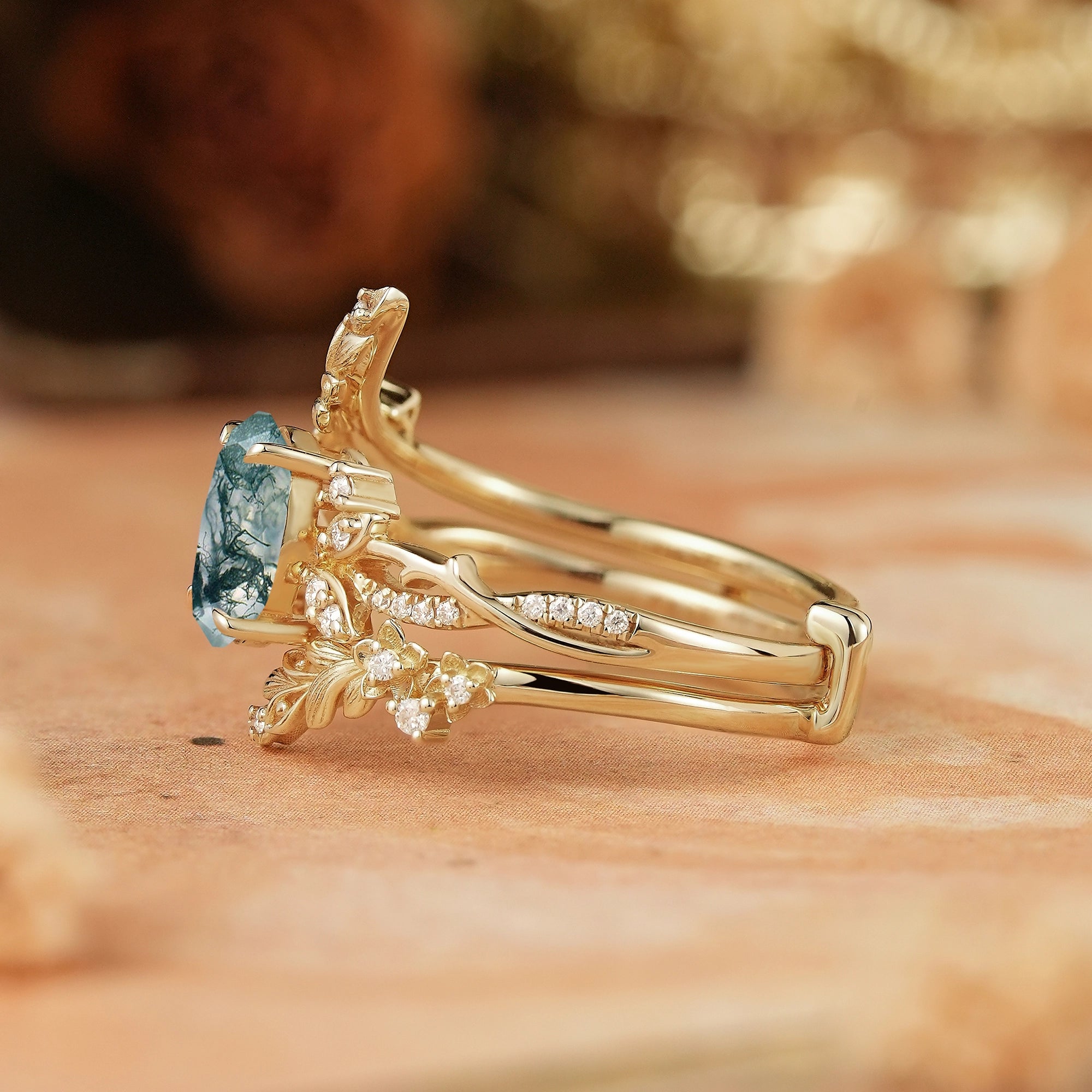 Oval Moss Agate Nature Inspired Enhancer Ring Bridal Set - Arwen - GemsMagic