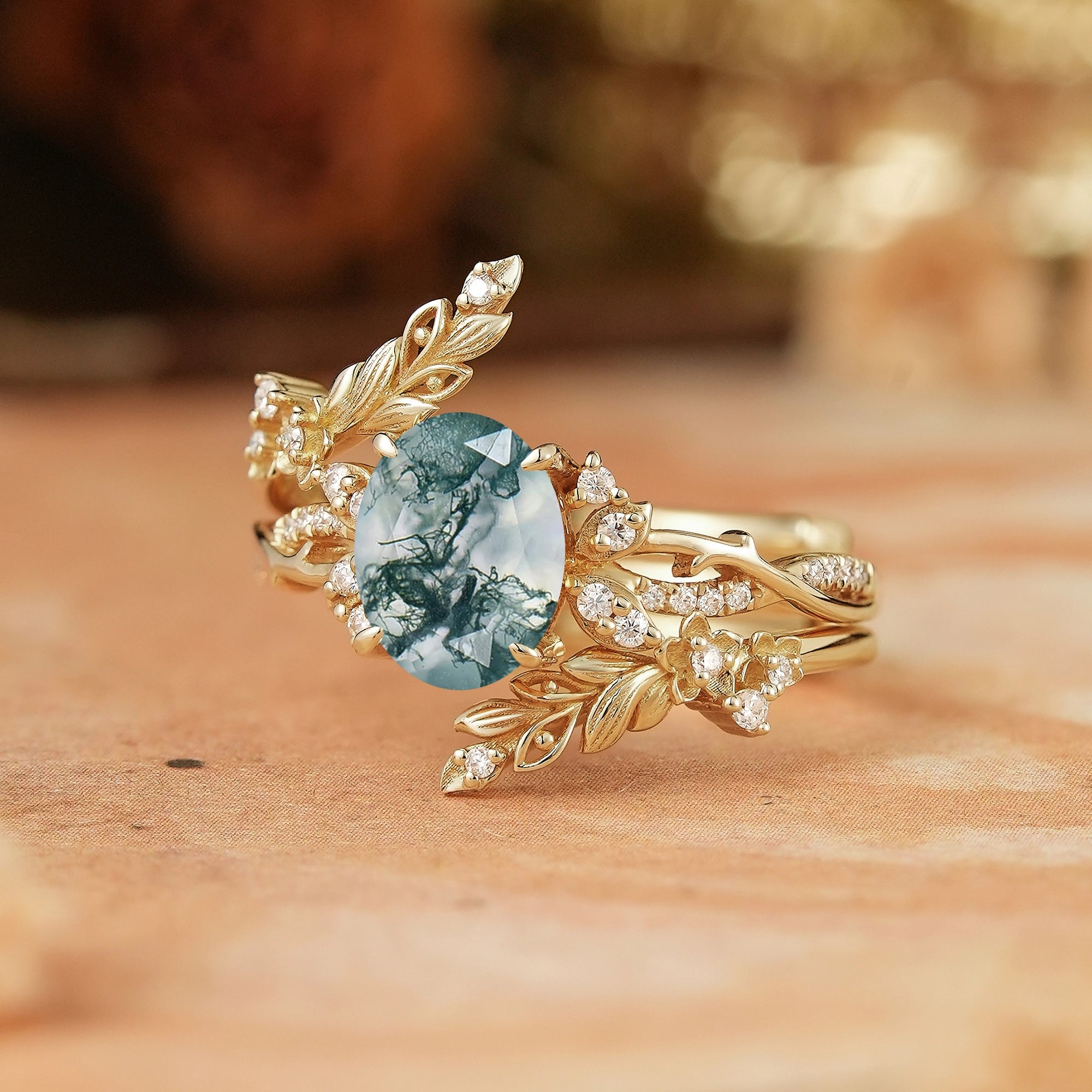 Oval Moss Agate Nature Inspired Enhancer Ring Bridal Set - Arwen - GemsMagic