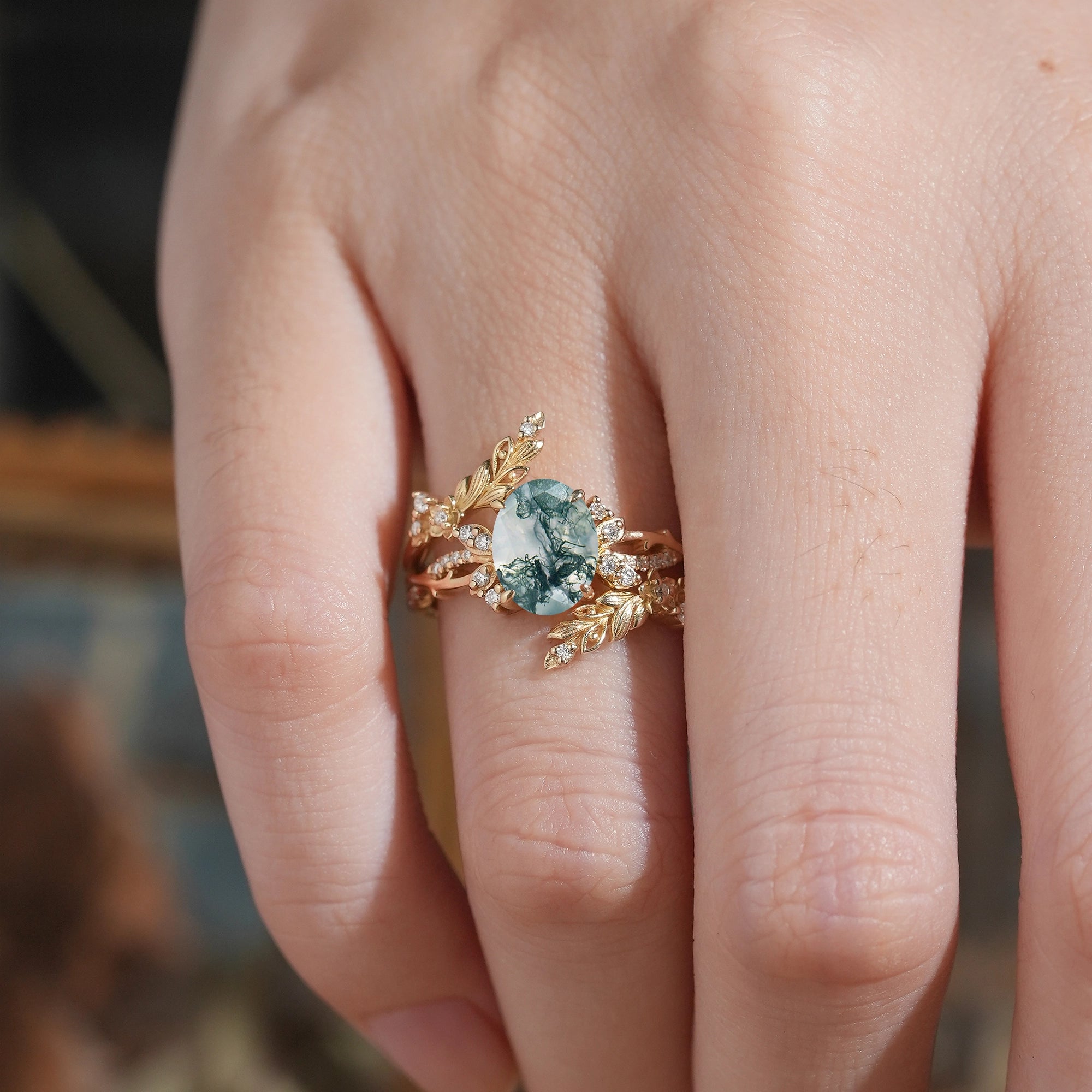 Oval Moss Agate Nature Inspired Enhancer Ring Bridal Set - Arwen - GemsMagic