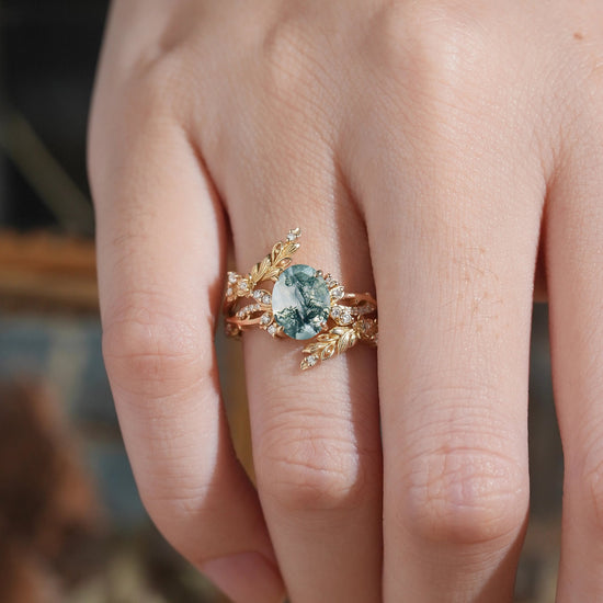Oval Moss Agate Nature Inspired Enhancer Ring Bridal Set - Arwen - GemsMagic