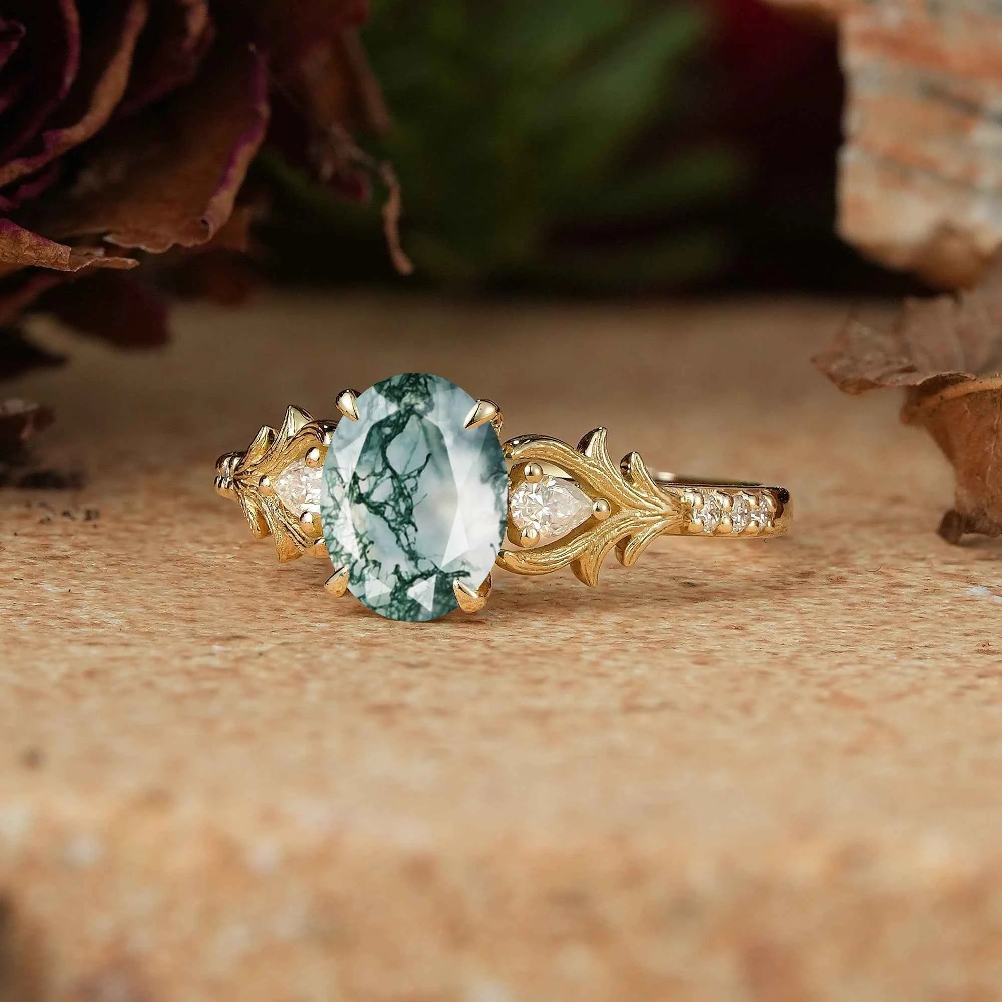 Oval Moss Agate Stag Inspired Bark Textured Engagement Ring Elven Ring