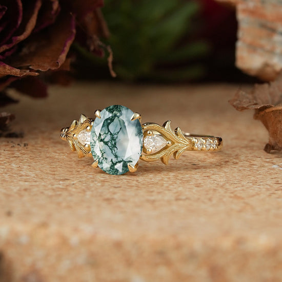 Oval Moss Agate Stag Inspired Bark Textured Engagement Ring Elven Ring - GemsMagic