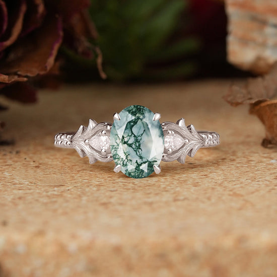 Oval Moss Agate Stag Inspired Bark Textured Engagement Ring Elven Ring - GemsMagic