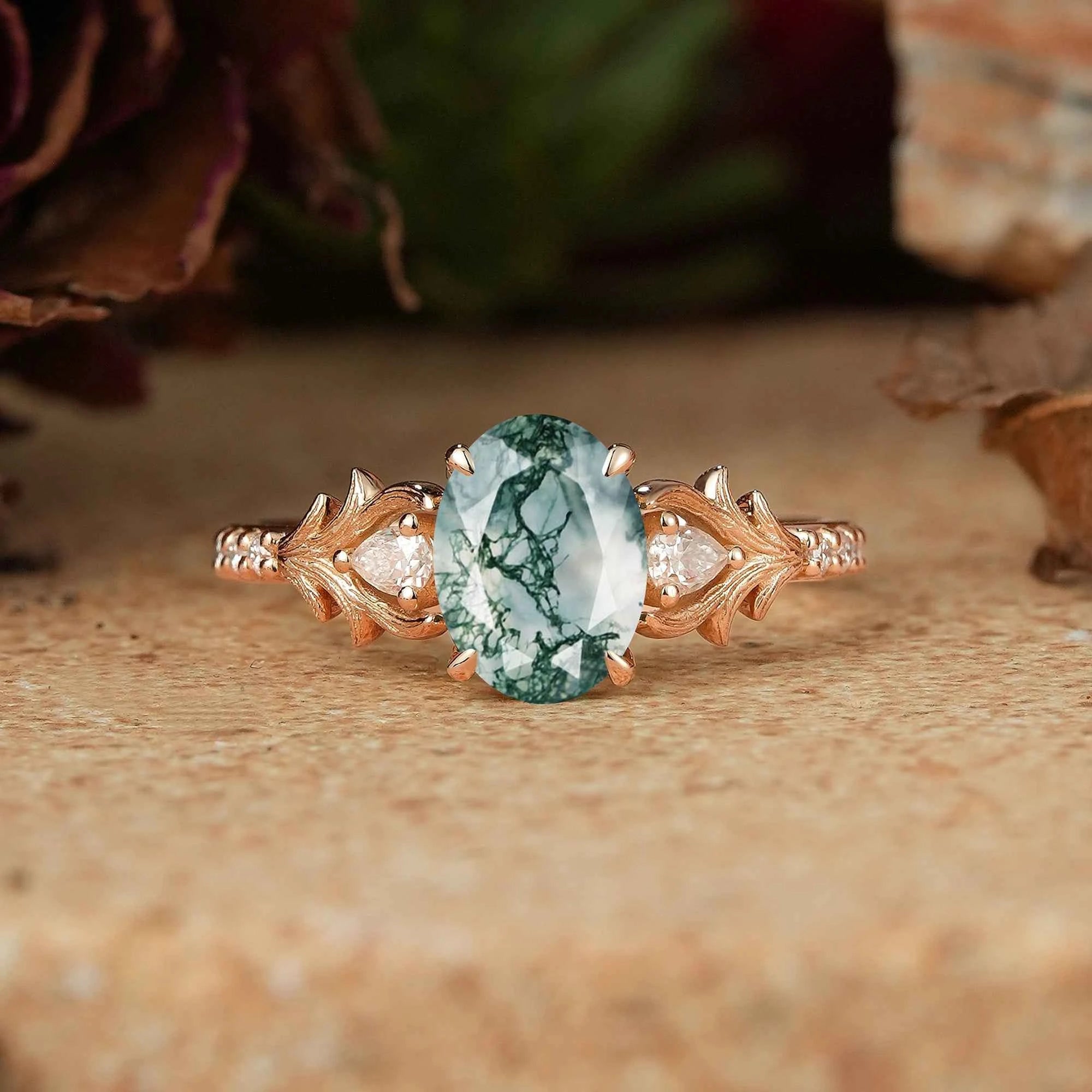 Oval Moss Agate Stag Inspired Bark Textured Engagement Ring Elven Ring