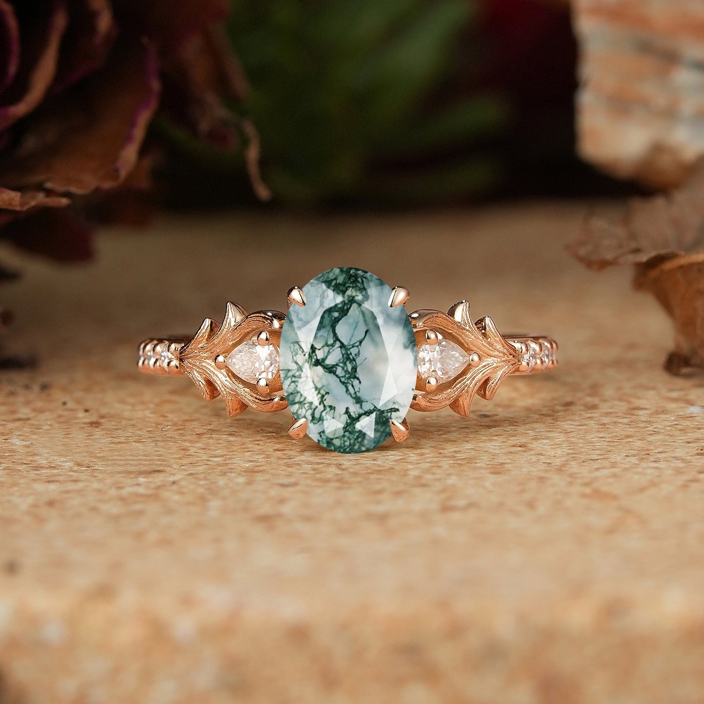 Oval Moss Agate Stag Inspired Bark Textured Engagement Ring Elven Ring - GemsMagic