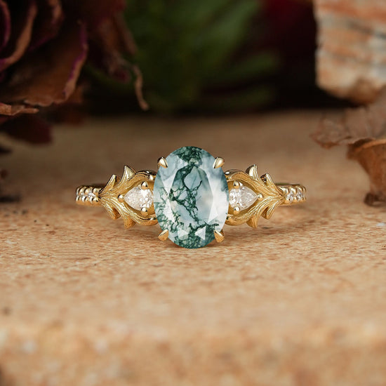 Oval Moss Agate Stag Inspired Bark Textured Engagement Ring Elven Ring - GemsMagic